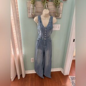 Casual Blue Denim Wide Leg Jumpsuit